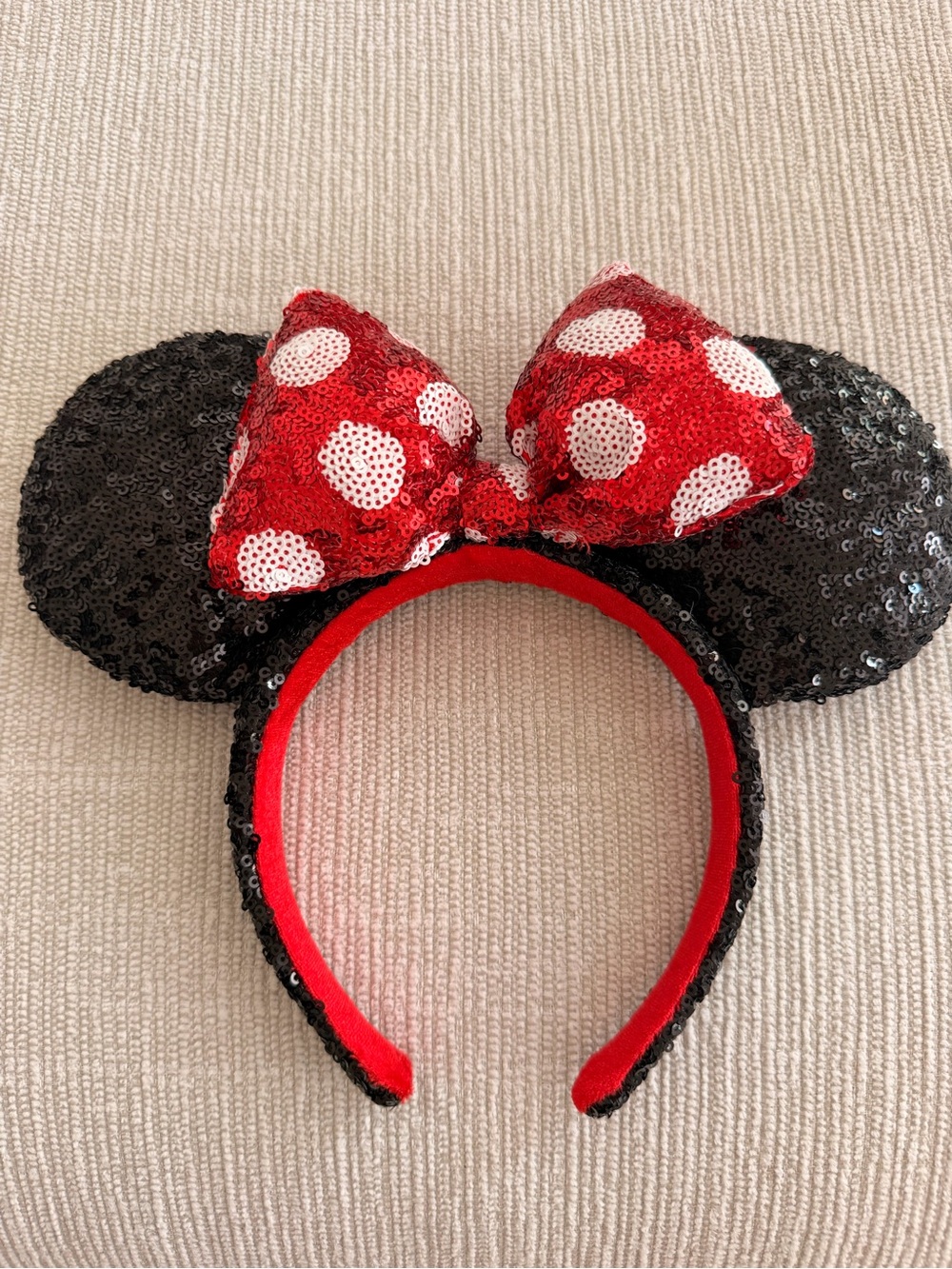 Disney Adult Sequin Minnie Mouse Headband with Red and White Polka Dot Bow